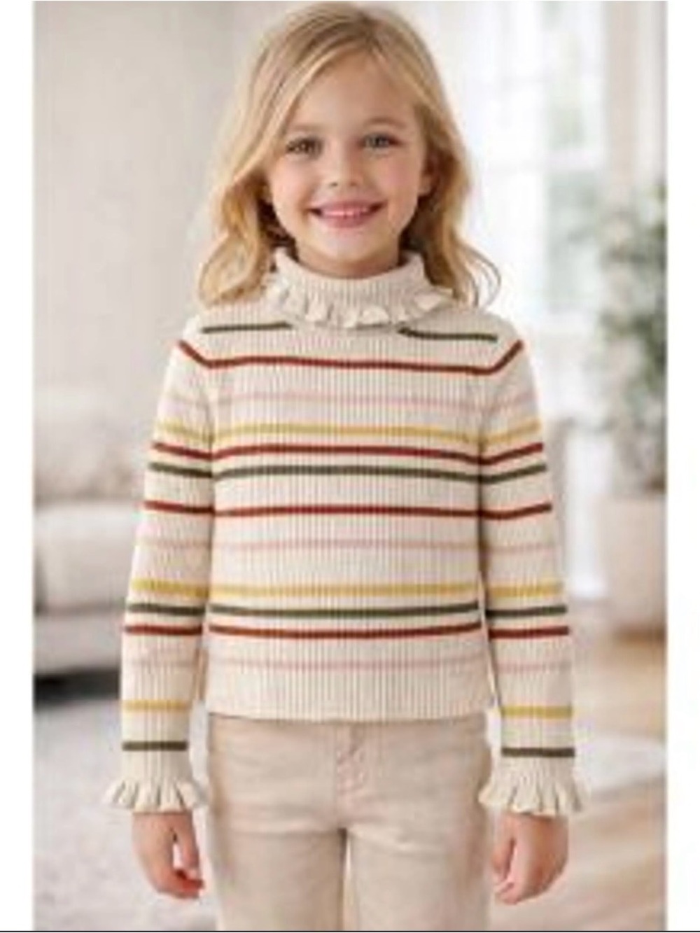 Tommy Bahama Girls Kids Cream Ribbed Stripe Sweater with Ruffle Neck